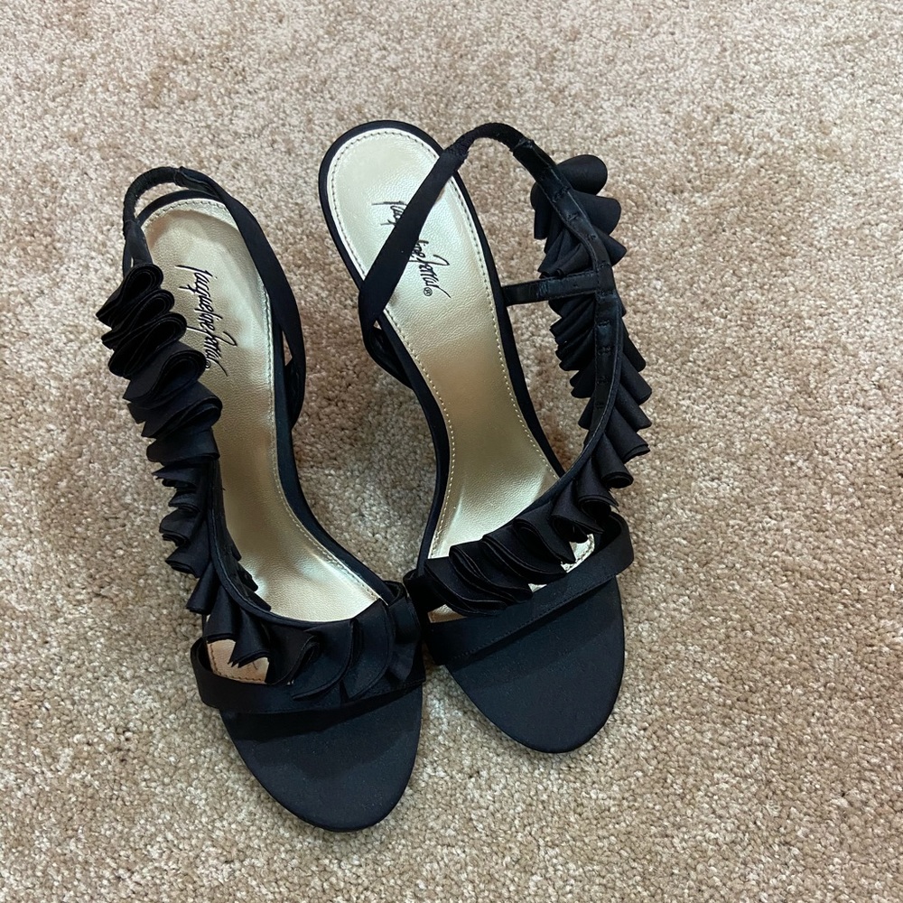 Black Ruffled Open Toe Satin Sandal Size 8